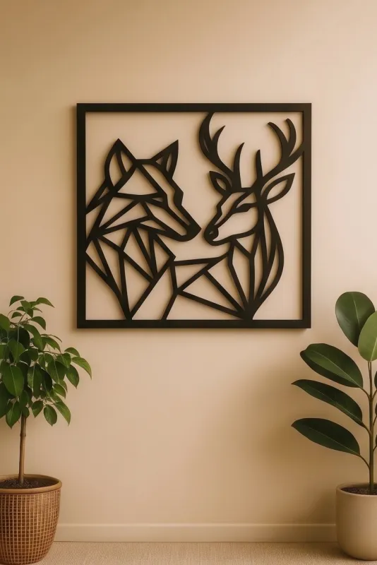 Geometric Wolf & Deer Encounter – Framed Metal Wall Art