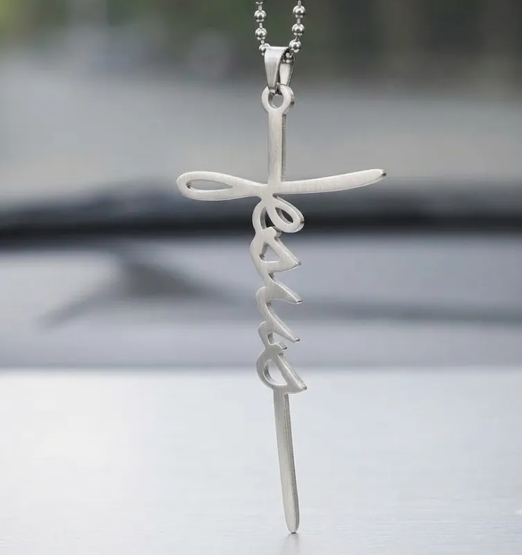 Premium Stainless Steel "Jesus" Cross Car Rearview Mirror Hanging