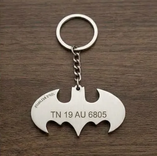 Personalized Batman Symbol Stainless Steel Keychain with Engraved Number | Name