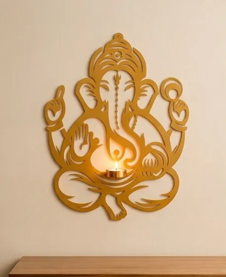 Premium Laser-Cut Mild Steel Lord Ganesha Wall Decor with Tea Light Lamp Holder